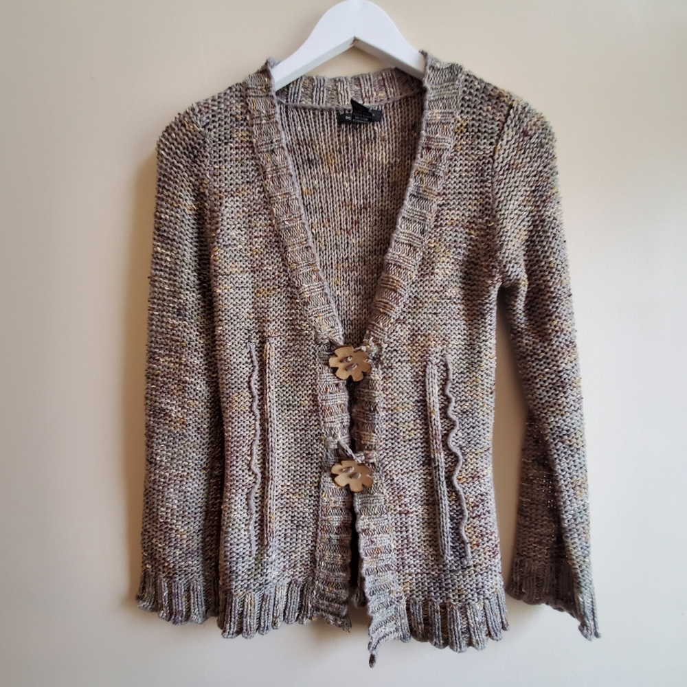 BCBGMaxAzria melange Khaki sweater cardigan small size with wooden button